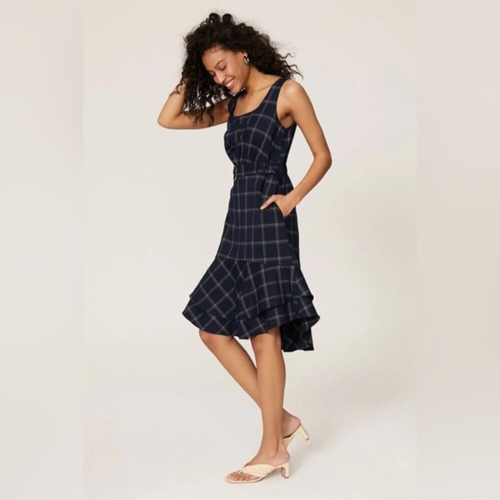 Great Jones Navy Plaid sleeveless flounce hem belted Dress Small - Picture 2 of 10